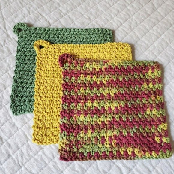 3 CROCHET DISHCLOTH WASHCLOTH 100% COTTON HANDMADE NEW Sage Green Yellow… - Picture 8 of 10